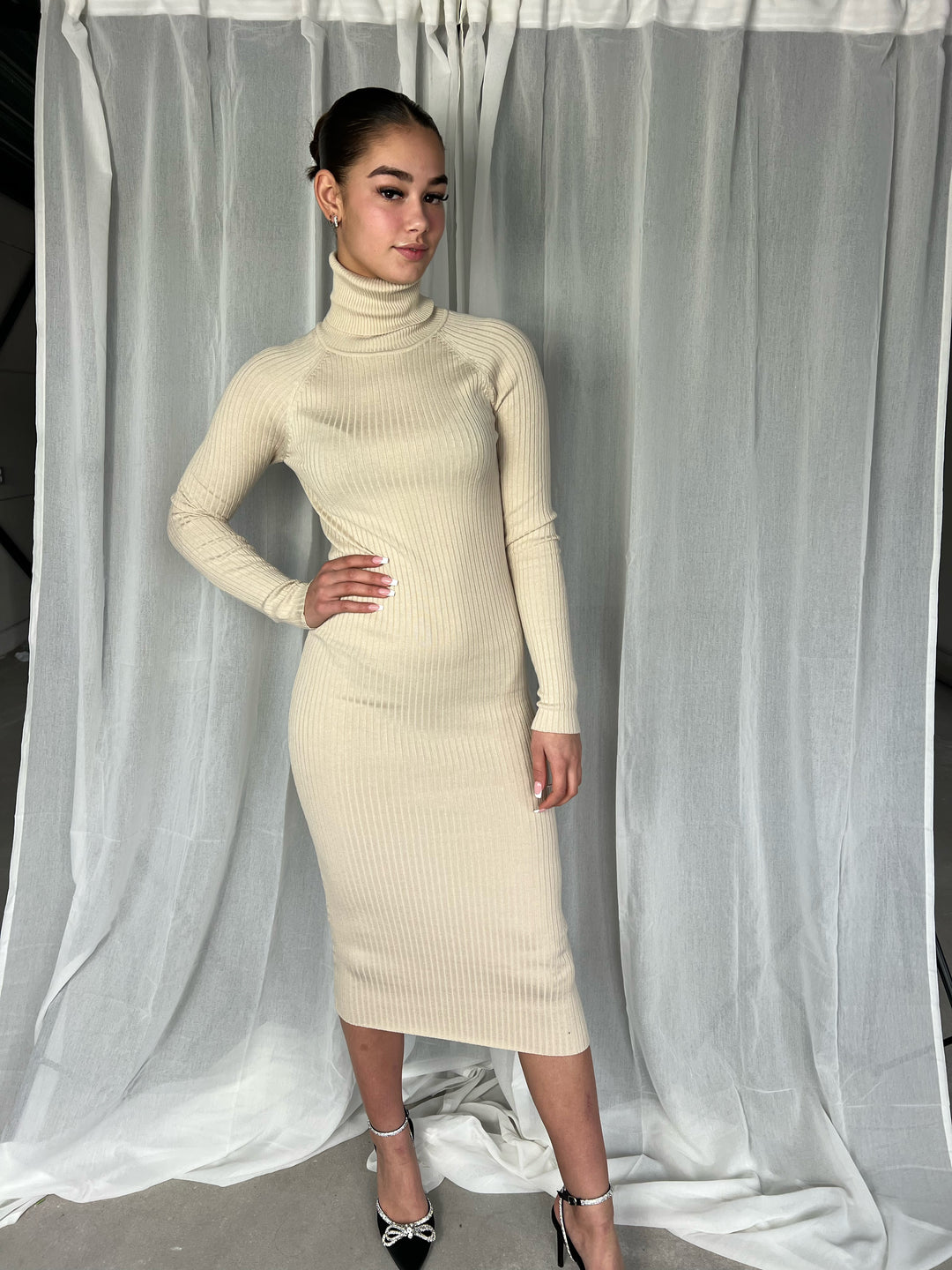 Ribbed Turtle Dress - Beige