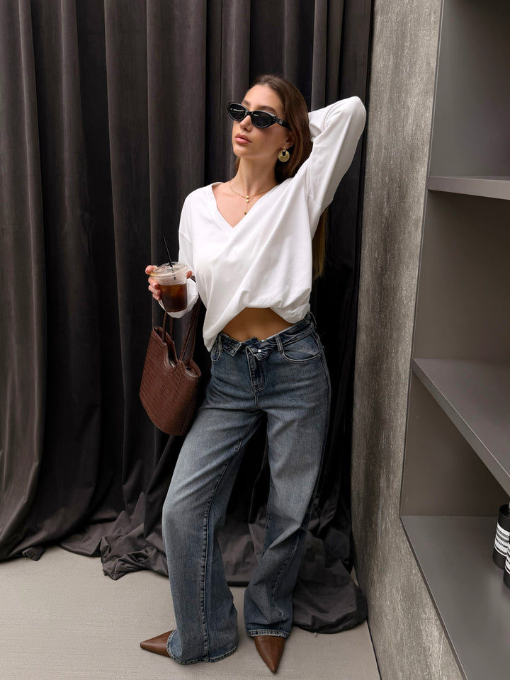 Folded Over TALL Wide Leg Jeans - Light Stretch