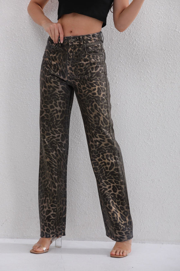 Javi Leopard Wide Leg Jeans - Brown