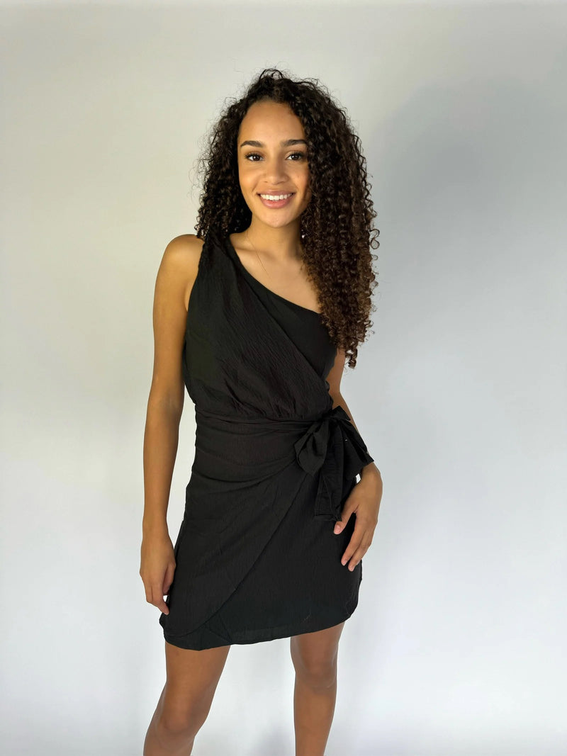 One Shoulder Wrap Dress - Black
