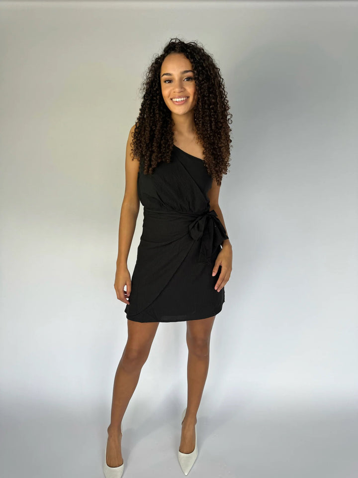 One Shoulder Wrap Dress - Black