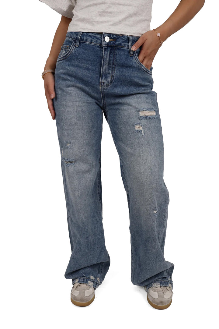 Distressed Wide Leg Jeans - Stretch