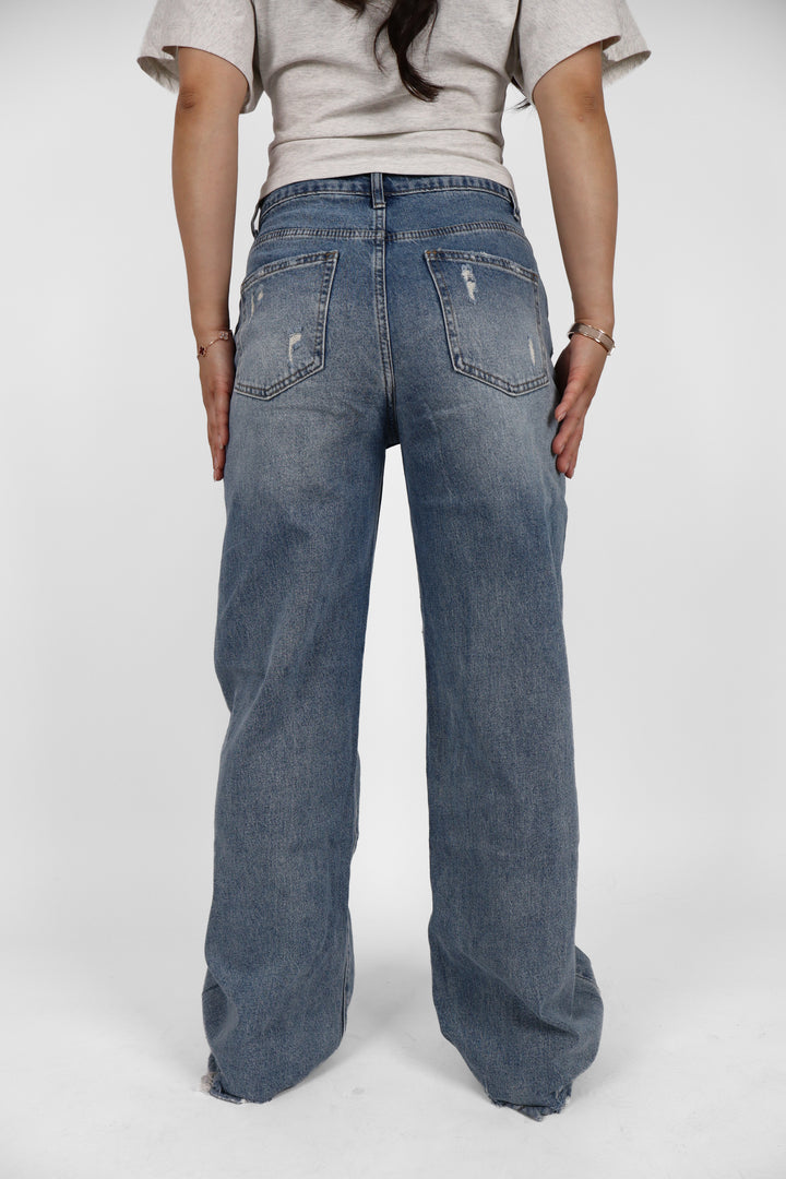 Distressed Wide Leg Jeans - Stretch