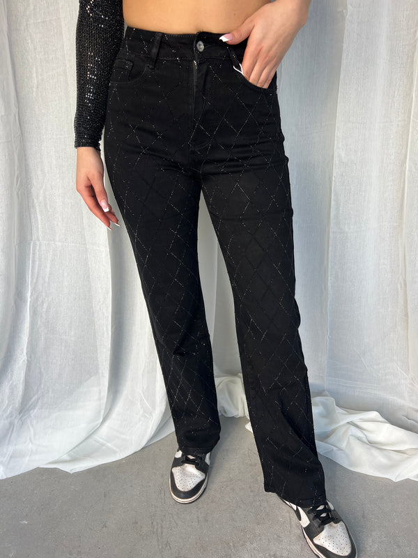Wide Leg Glitter Jeans - Black