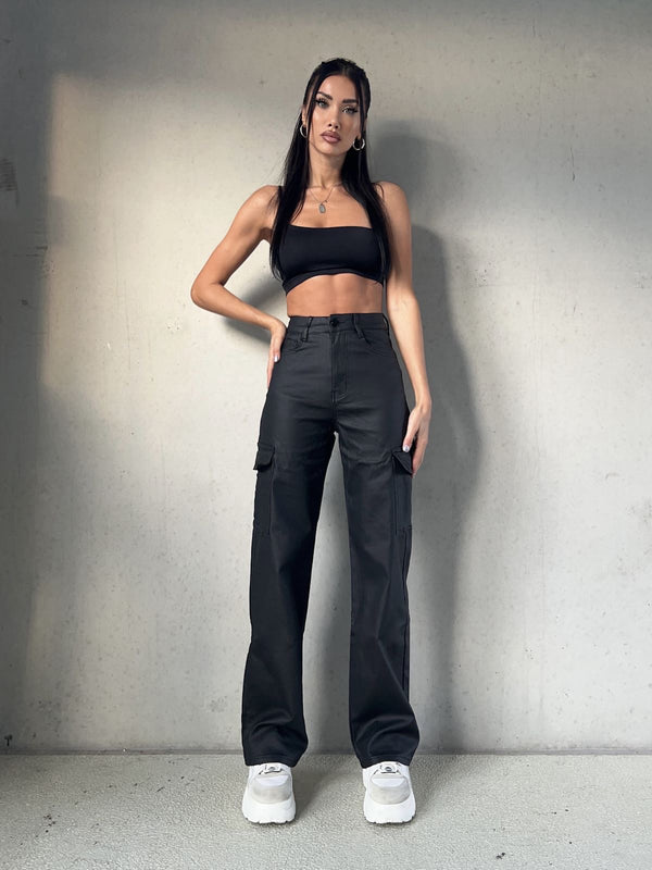 Cargo Coated Stretch Jeans - Black