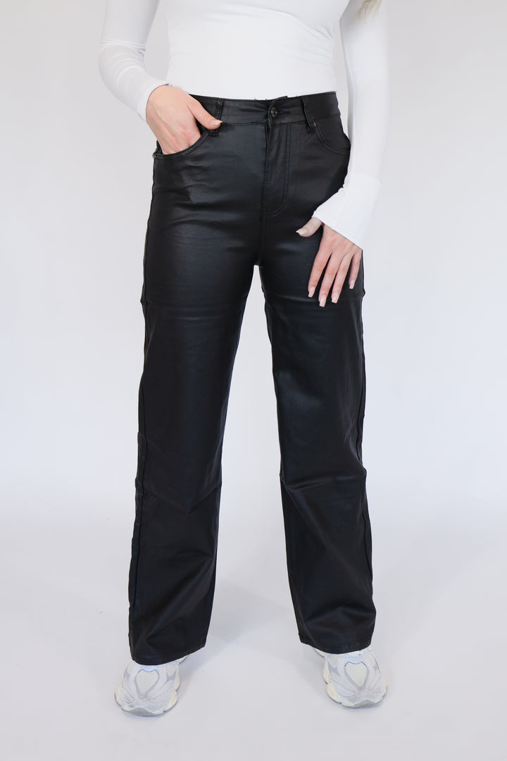 Sarah Wide Leg PU Jeans - Stretch