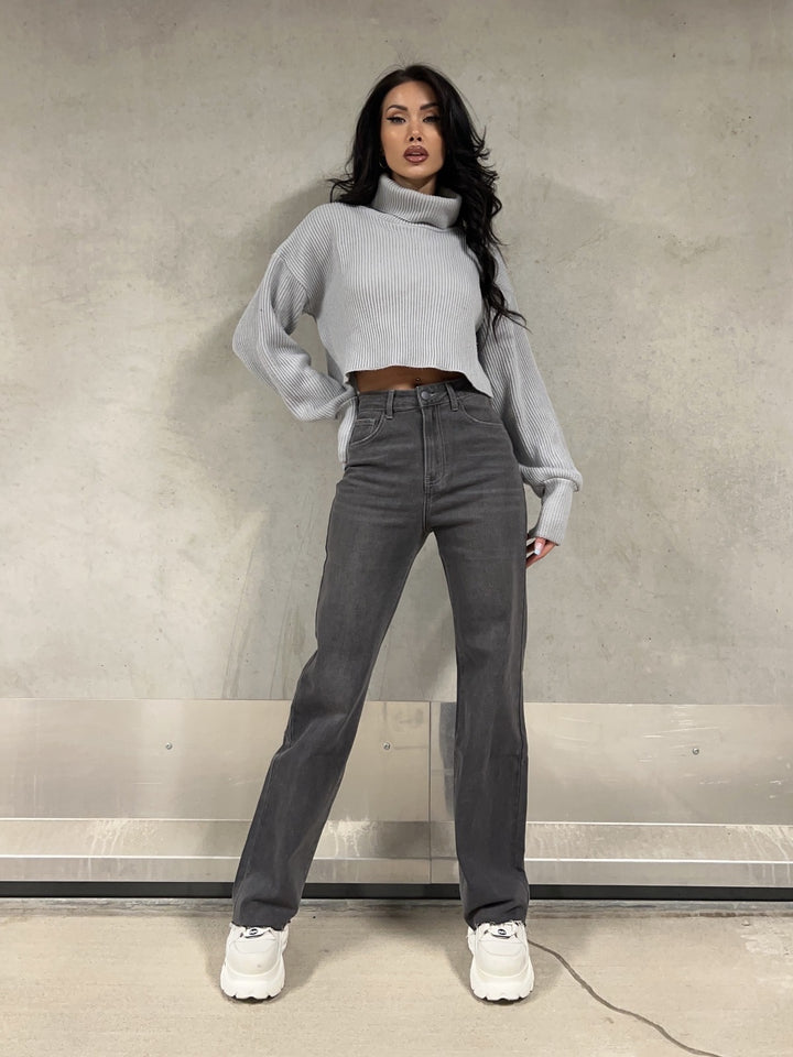 Wide Leg Stretch Jeans - Dark Grey