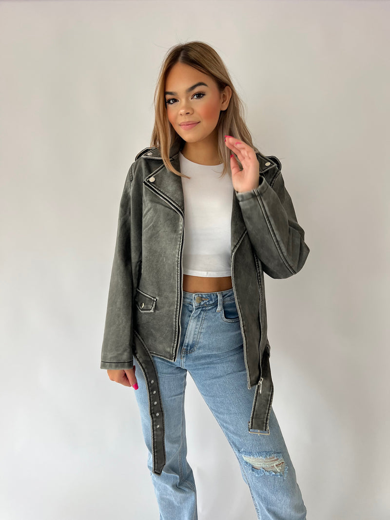 Oversized Leather Jacket - Washed Grey
