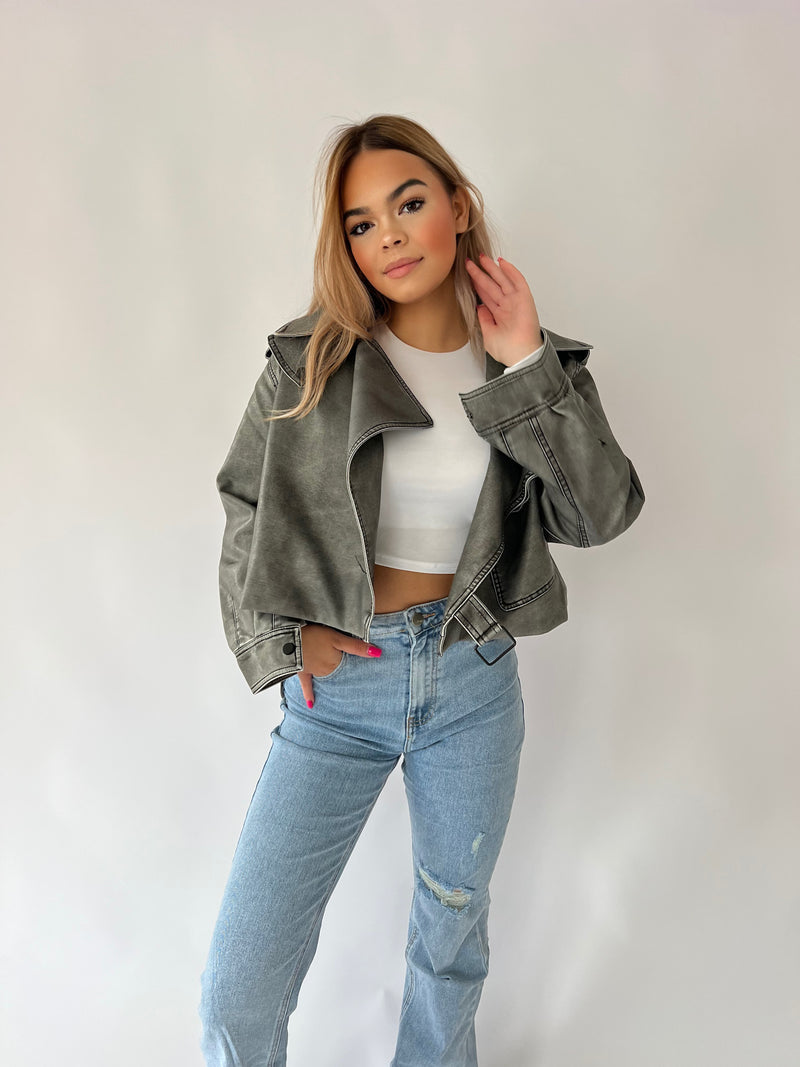 Rosa Cropped Leather Jacket - Grey