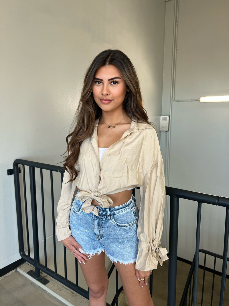 Knotted Tie Blouse - Beige