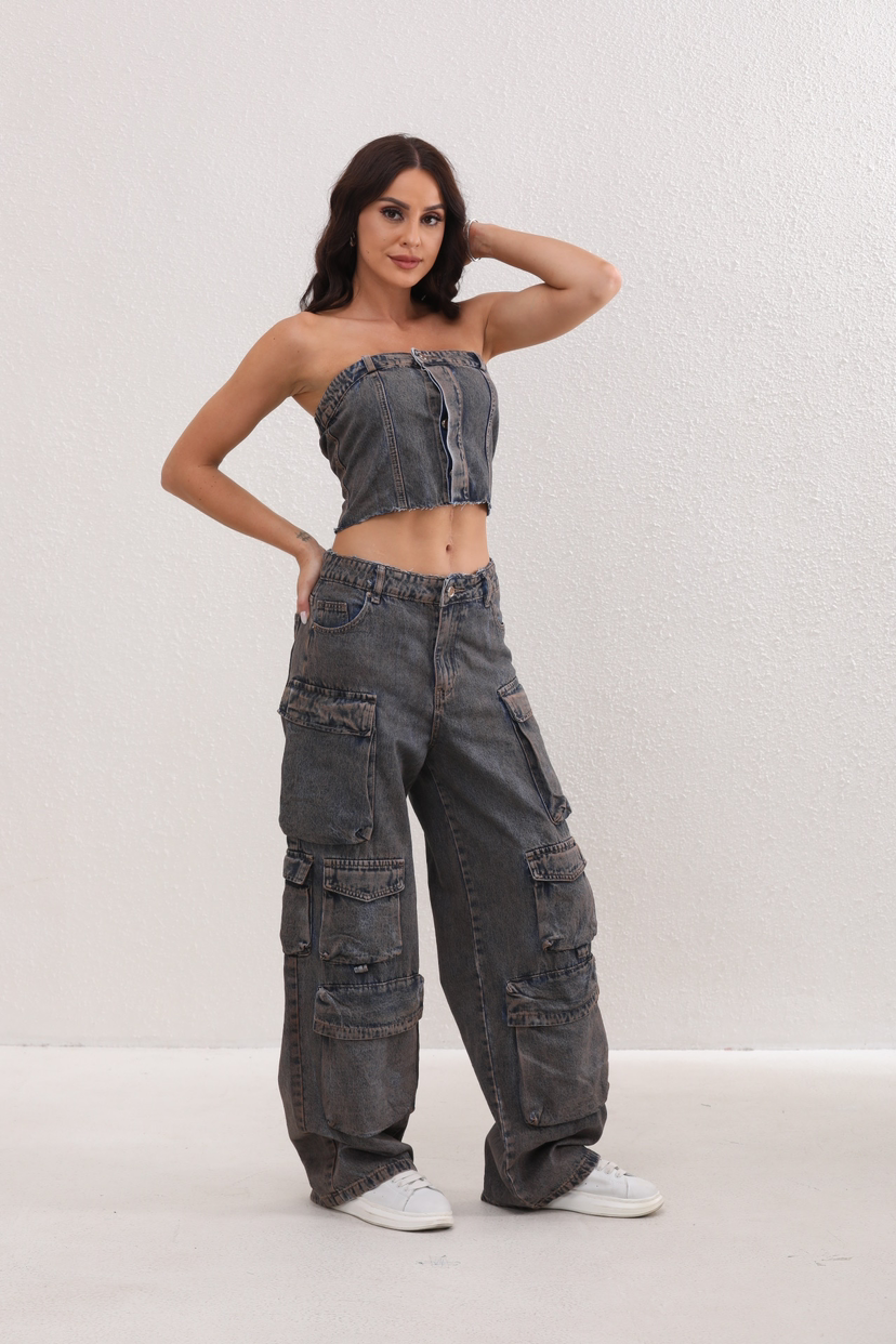 Baggy Cargo Set - Washed Denim