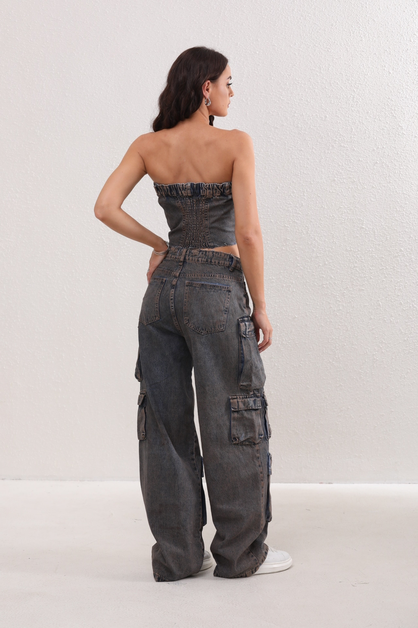 Baggy Cargo Set - Washed Denim