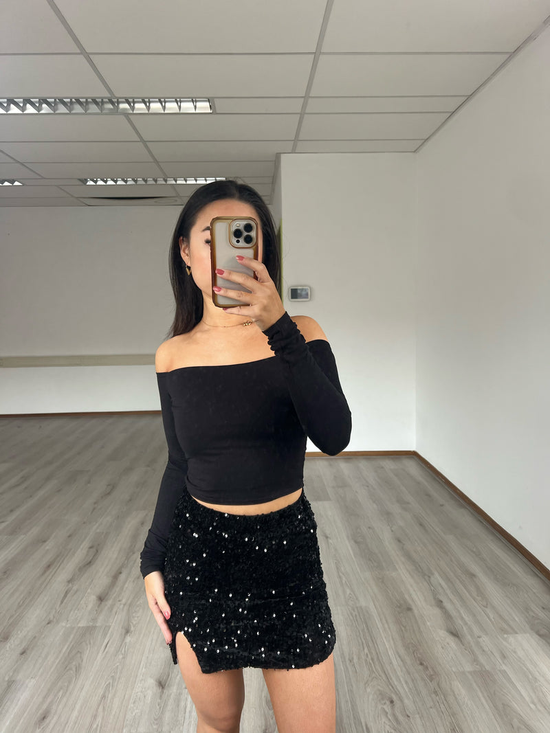 Pailette Split Skirt - Black