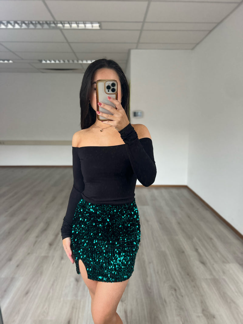 Pailette Split Skirt - Dark Green
