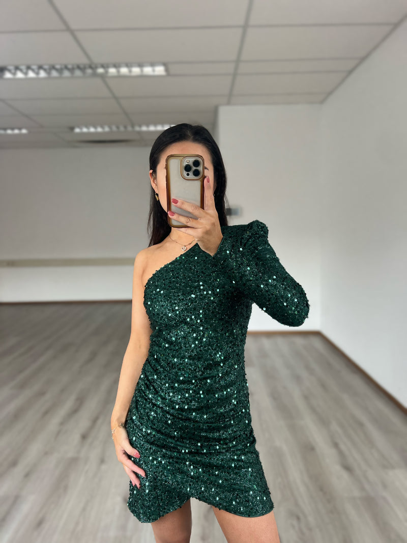 One Shoulder Pailletten Dress - Dark Green