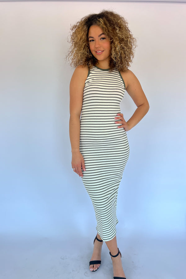 Striped Basic Dress - Khaki