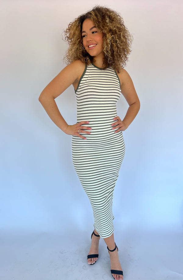 Striped Basic Dress - Khaki