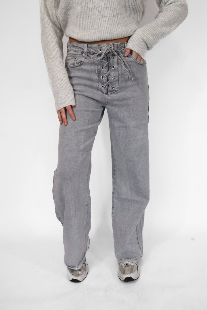 Lace Up Wide Leg Jeans - Stretch
