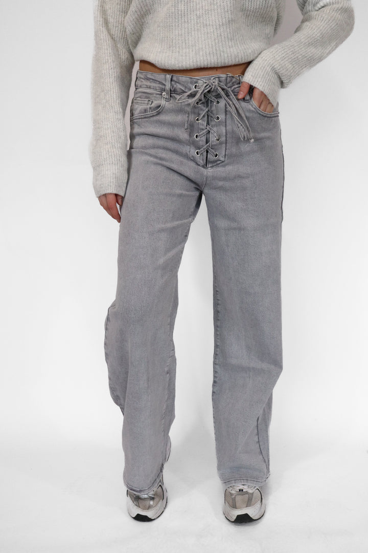 Lace Up Wide Leg Jeans - Stretch
