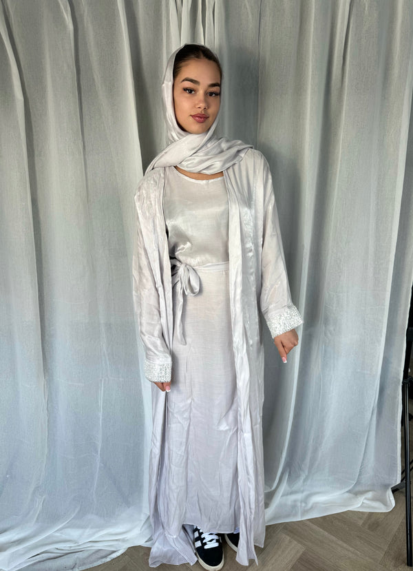 Abaya With Headscarf - Metallic White