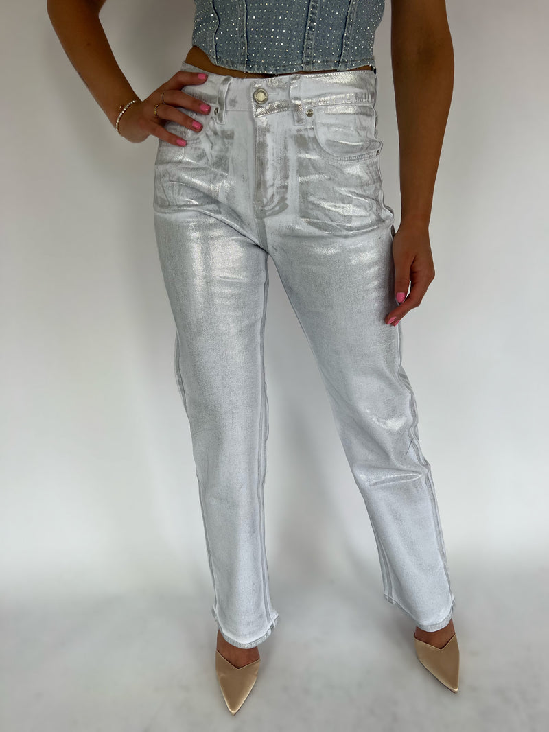 Straight Leg Metallic Jeans - White