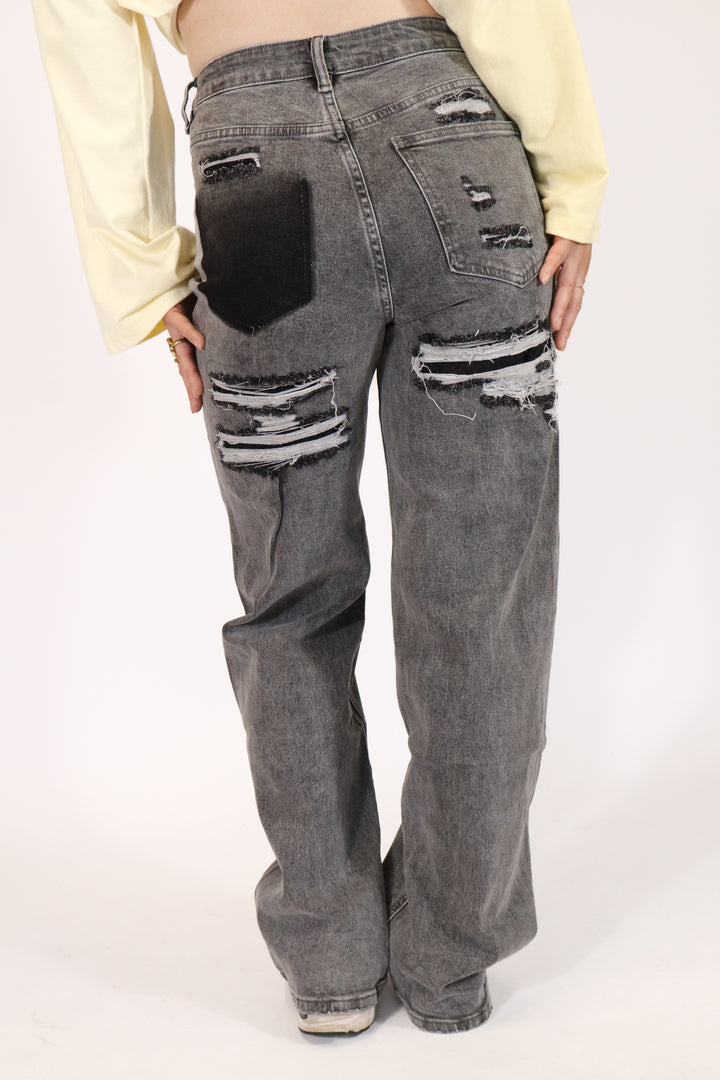 Destroyed Wide Leg Jeans - Stretch