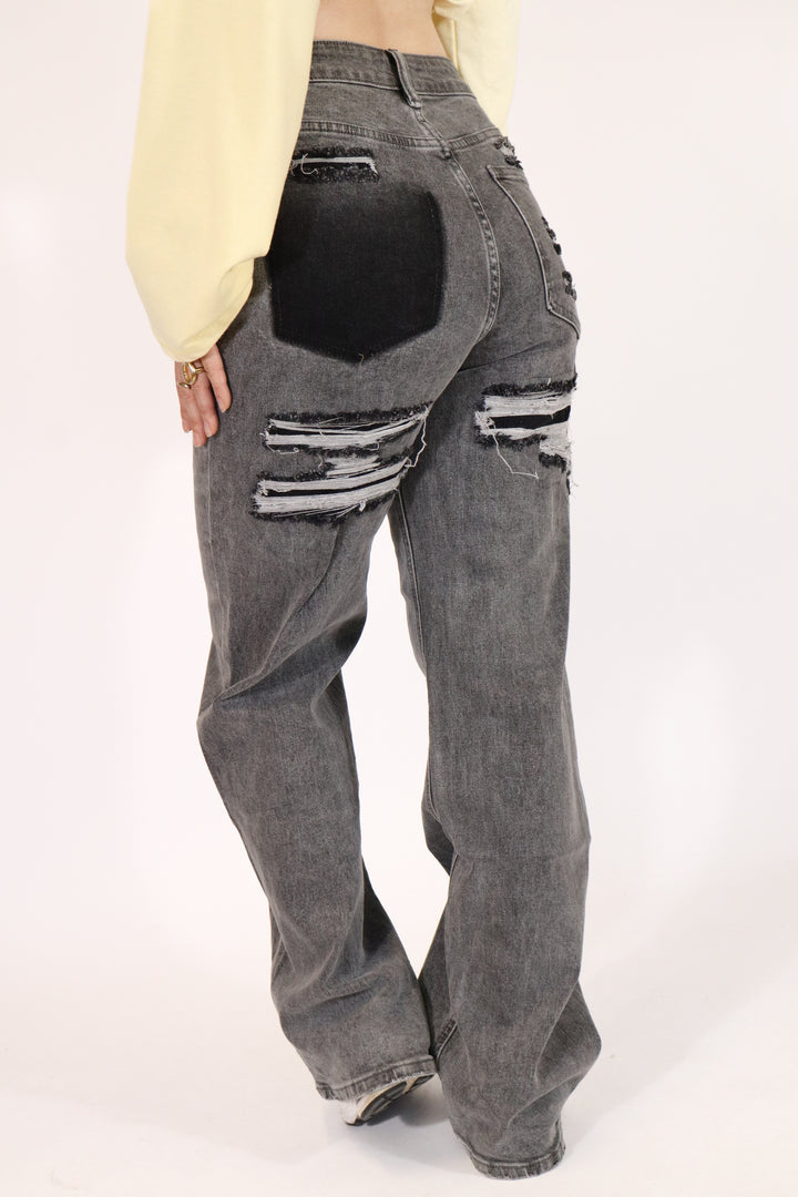 Destroyed Wide Leg Jeans - Stretch