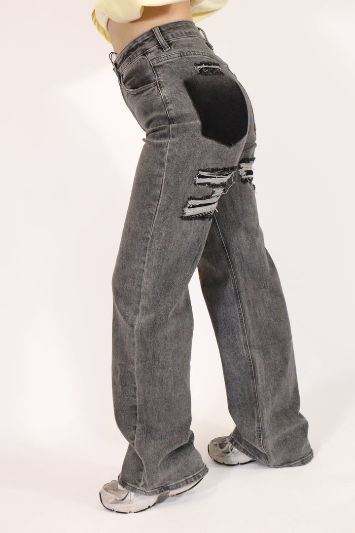 Destroyed Wide Leg Jeans - Stretch