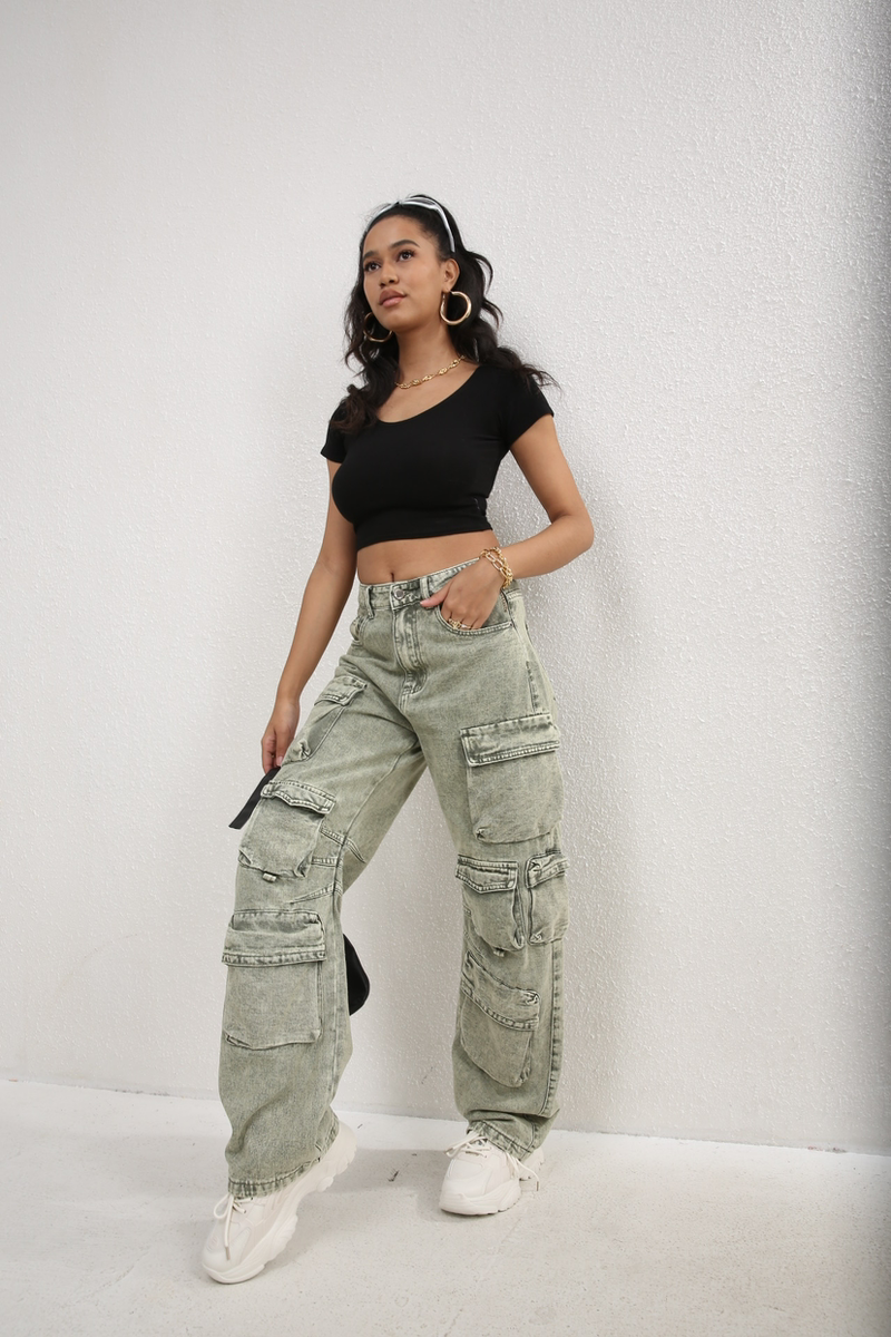 Baggy Cargo Jeans - Washed Green