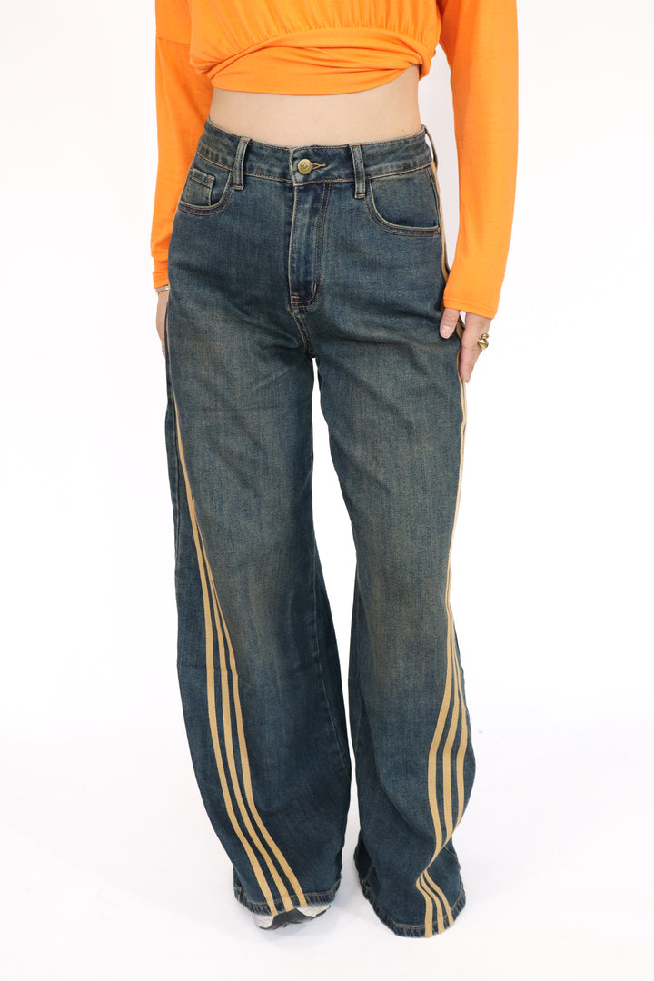 Ayla Striped Denim Wide Leg Jeans - Stretch