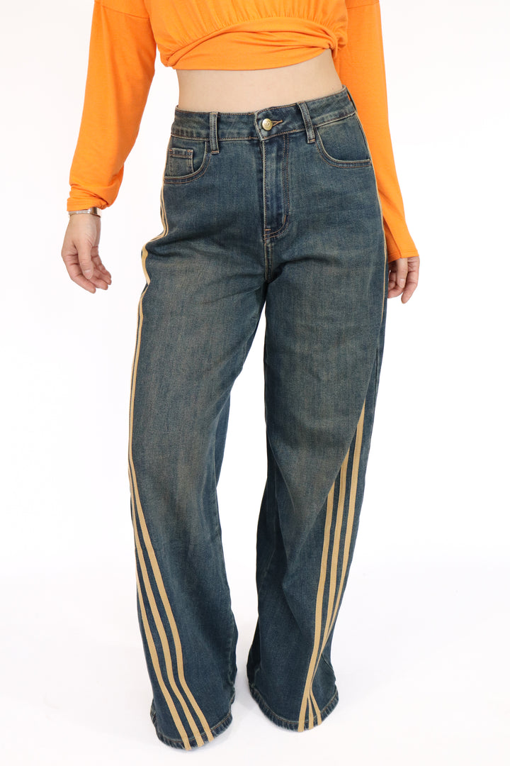 Ayla Striped Denim Wide Leg Jeans - Stretch