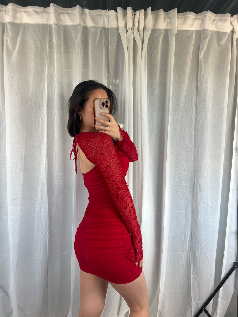 Pearl Mesh Dress - Red