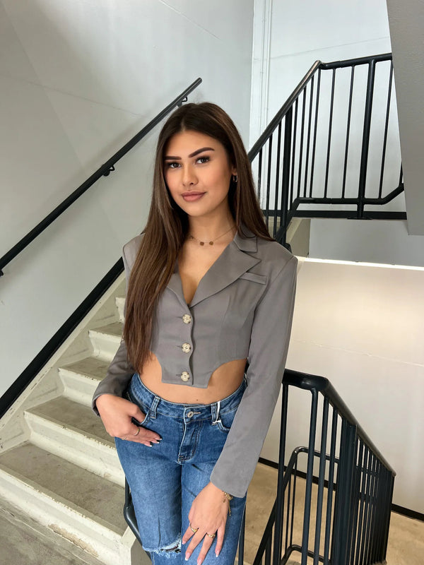 Cut Out Cropped Blazer - Grey